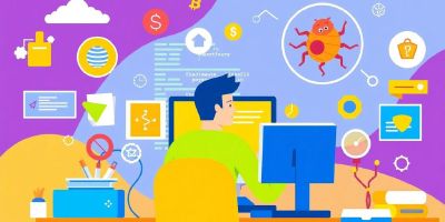 Illustration of a developer with automated testing tools and code.