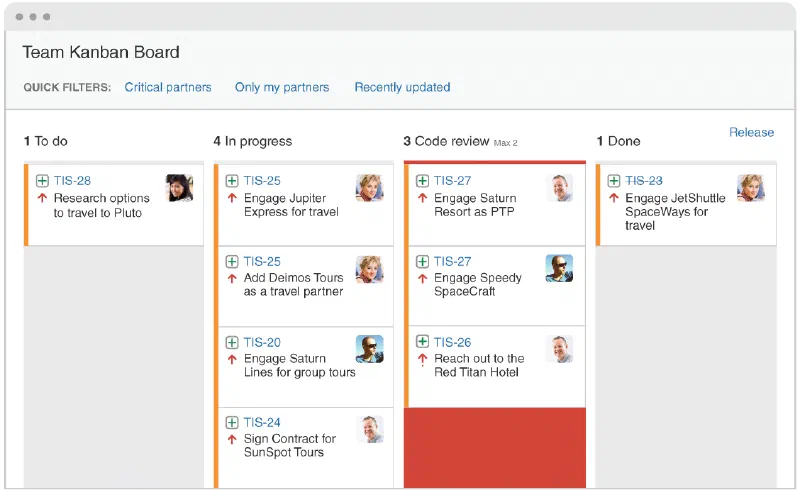 Team Kanban board with To do, In progress, Code review and Done columns