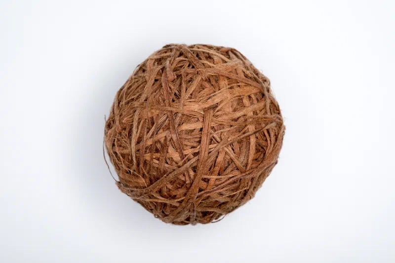 Tangled ball of brown fibers on a white background