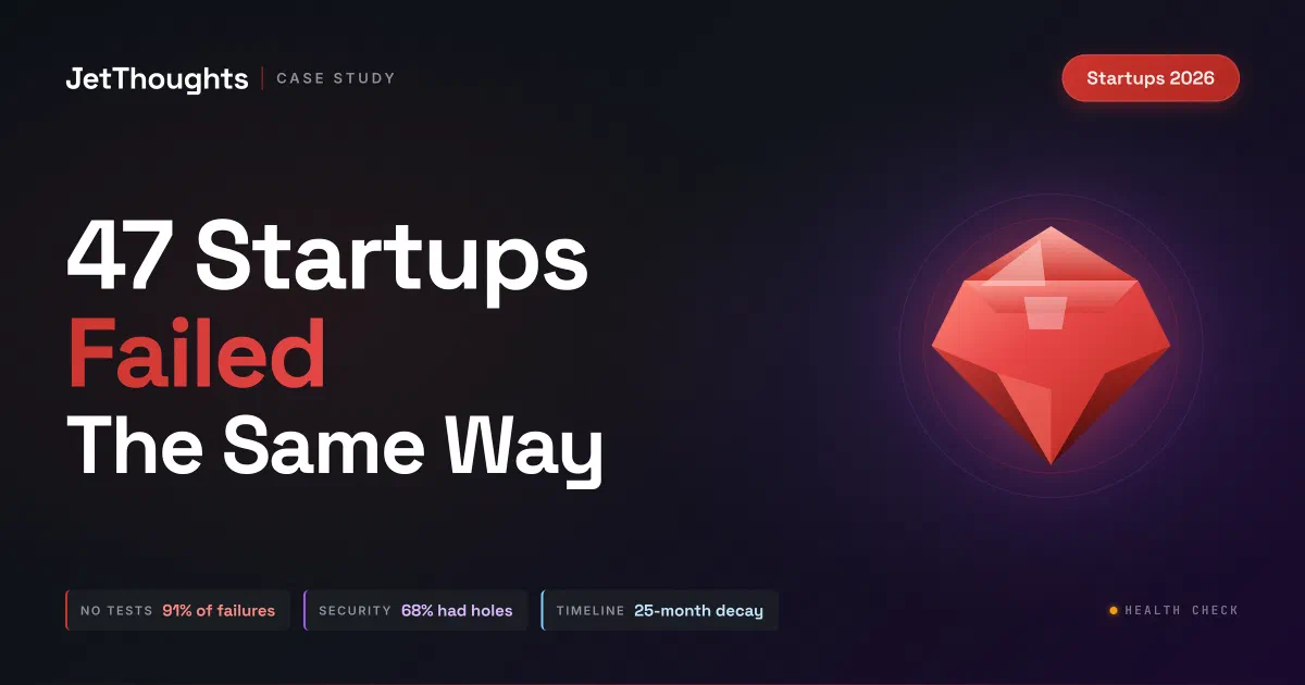 Timeline showing the 25-month startup codebase decay pattern: months 1-6 everything works, months 7-12 bugs accumulate, months 13-18 new features break old ones, months 19-25 hiring to maintain then death or rewrite.