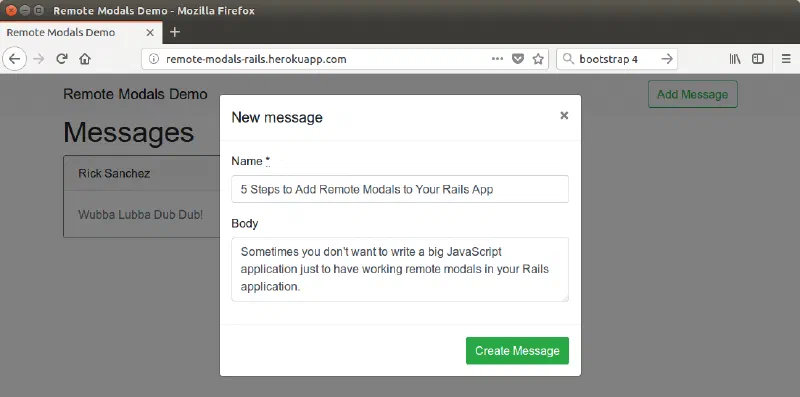 Browser showing a Remote Modals Demo page with a New message modal form