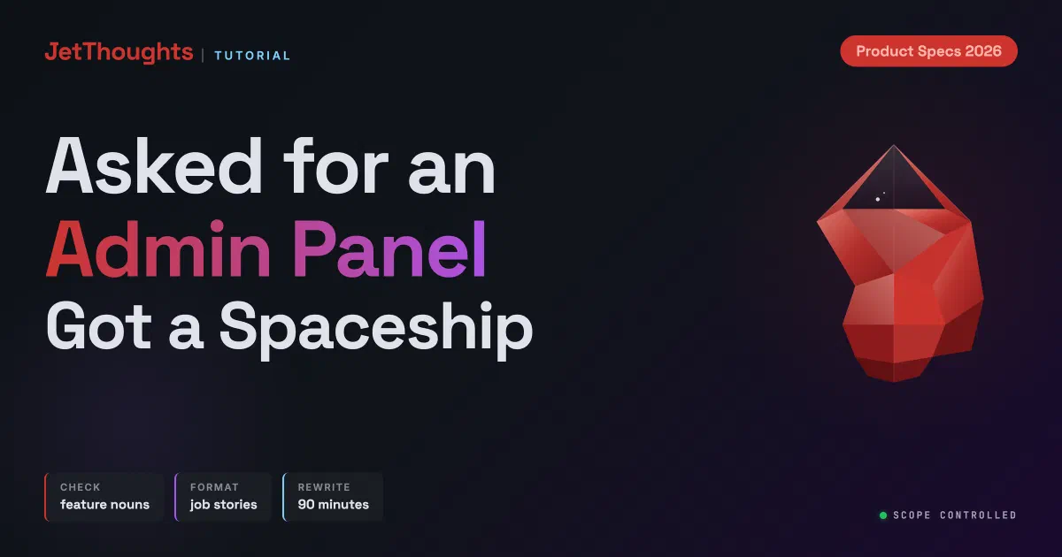 Dark JetThoughts cover reading Asked for an Admin Panel, Got a Spaceship, with chips for the feature-noun check, job stories over user stories, and a 90-minute spec rewrite