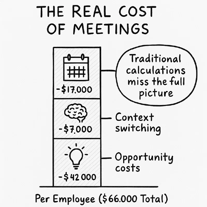 A hand-sketched stacked bar showing the full cost breakdown per employee ($66,000 total)