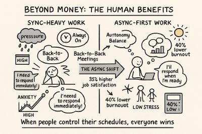 A hand-drawn illustration showing two side-by-side scenarios depicting the human experience of work: