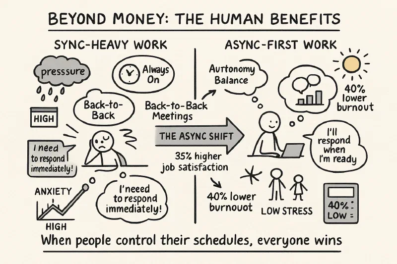 A hand-drawn illustration showing two side-by-side scenarios depicting the human experience of work: