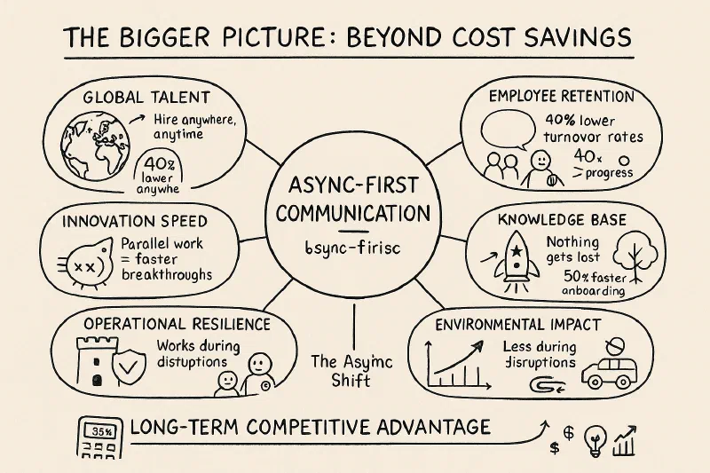 A hand-drawn ecosystem diagram showing how async communication creates compounding benefits beyond direct savings: