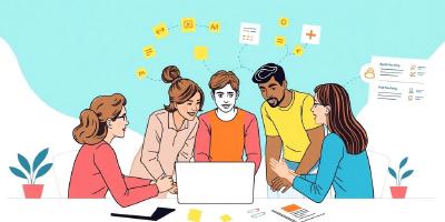 Diverse team collaborating on software development project.