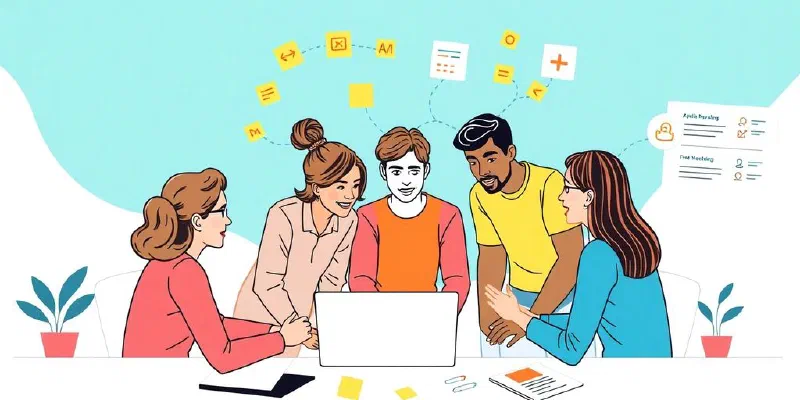 Diverse team collaborating on software development project.