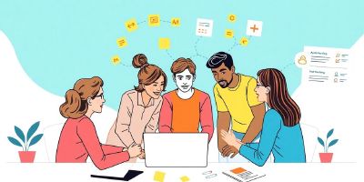 Diverse team collaborating on software development project.