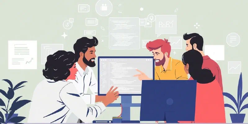 Diverse software developers collaborating on a project together.