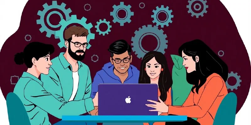 Diverse developers collaborating on software development project.