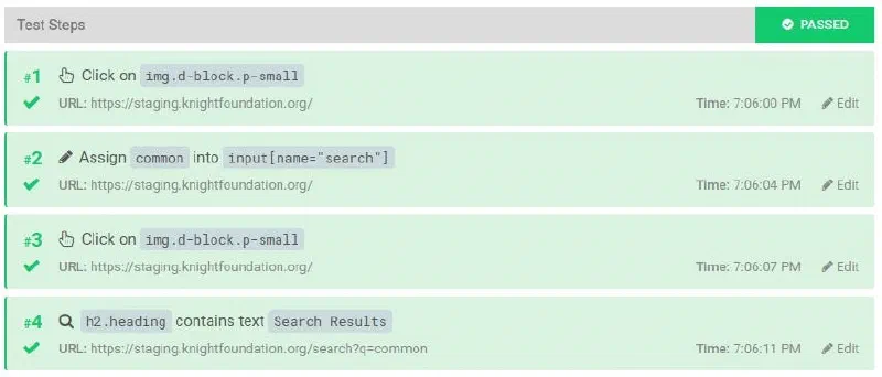 Passed Ghost Inspector test steps clicking a search field and checking for Search Results heading