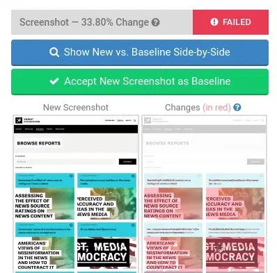 Failed screenshot test showing 33.80 percent change on a reports page, differences marked in red