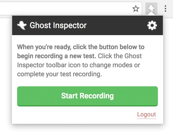 Ghost Inspector Chrome extension popup with a Start Recording button