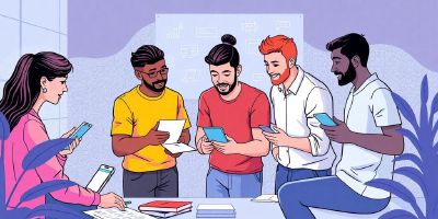 Diverse team collaborating on smartphone app development design.