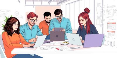 Team of developers collaborating on a project in an office.