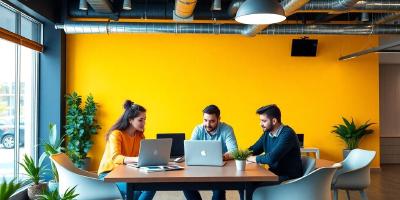 Diverse professionals collaborating in a modern workspace.