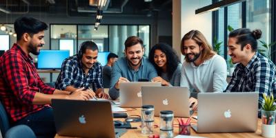 Diverse developers collaborating in a modern office setting.