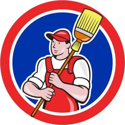 Cartoon of a worker in a red cap and overalls holding a broom