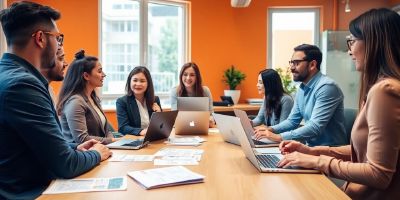 Diverse professionals collaborating in a recruitment agency office.