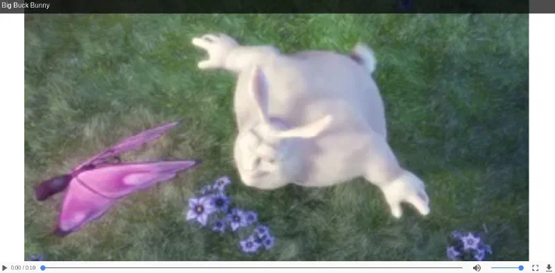 Video player showing a Big Buck Bunny frame with a pink butterfly