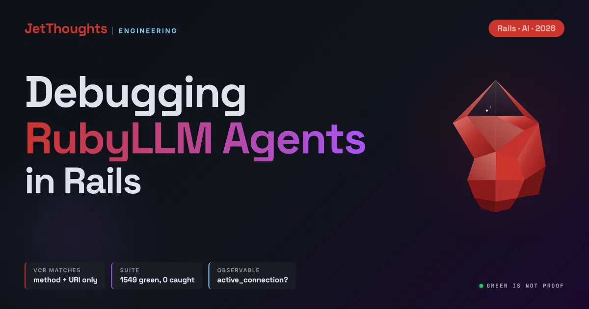 Dark blueprint-style cover reading Debugging RubyLLM Agents in Rails, with a low-poly ruby gem and chips for VCR matching on method and URI only, 1549 green tests catching nothing, and active_connection? as the observable.