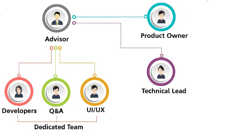 Org diagram: advisor, product owner, technical lead and a dedicated team of developers, Q and A, UI and UX