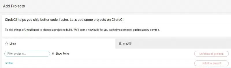 CircleCI Add Projects page listing a project with a follow option