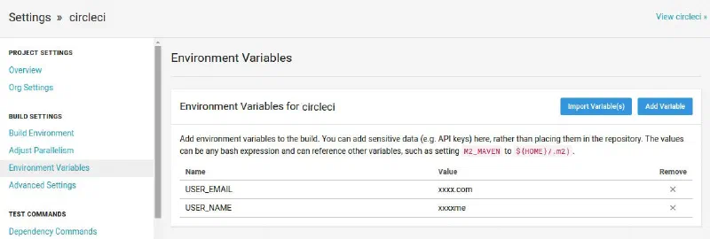 CircleCI environment variables page listing USER_EMAIL and USER_NAME