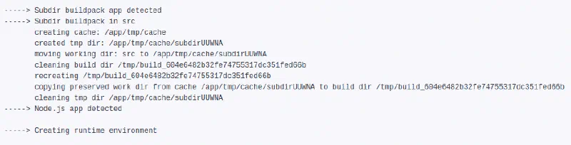 Heroku build log showing the subdir buildpack detected, then a Node.js app detected