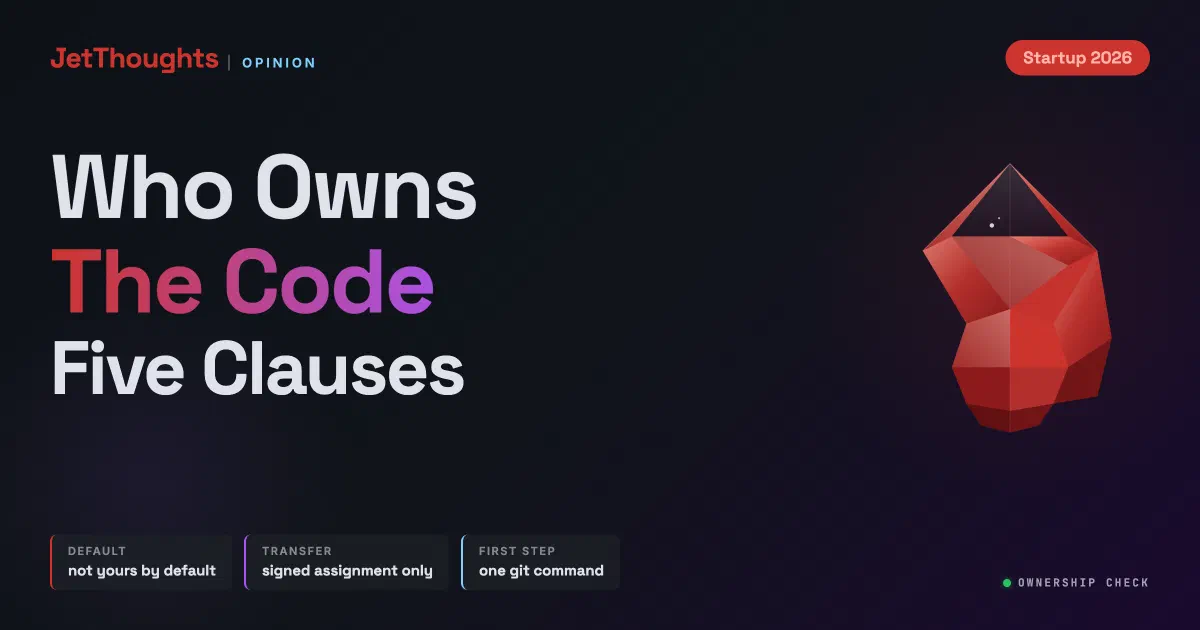 Dark JetThoughts cover reading Who Owns The Code / Five Clauses, with chips for copyright default, signed assignment, and one git command