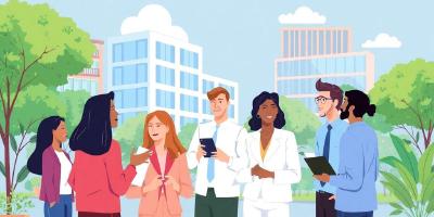 Diverse professionals networking in a lively community setting.