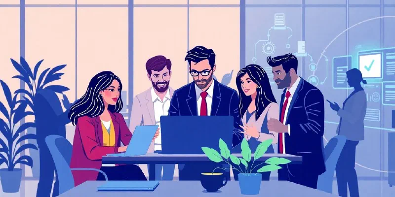Diverse professionals in a tech office collaborating on projects.
