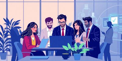 Diverse professionals in a tech office collaborating on projects.