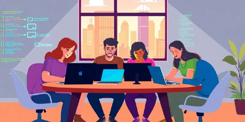 Diverse programmers collaborating in a modern workspace.