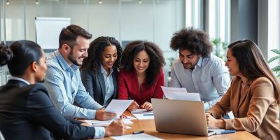 Diverse professionals collaborating in a modern office setting.