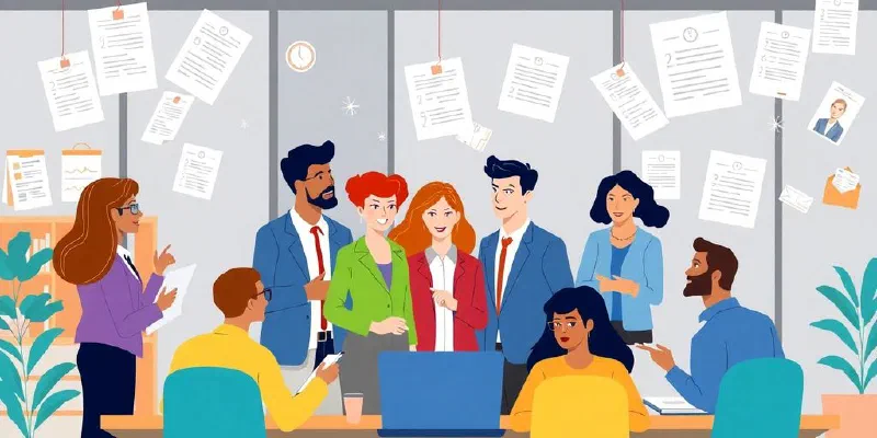 Diverse professionals collaborating in a modern office setting.