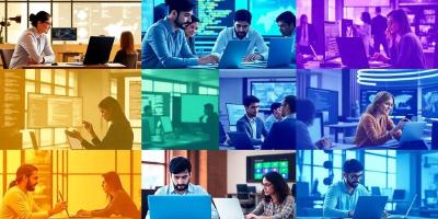 Collage of software developers collaborating in modern environments.