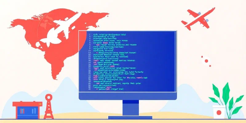 Illustration of coding and travel icons for Ruby on Rails jobs.