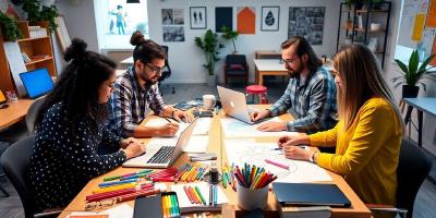 Creative professionals collaborating in a colorful, dynamic workspace.