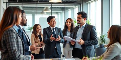 Diverse professionals discussing career opportunities in a modern office.