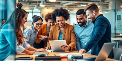 Diverse professionals collaborating in a modern tech office.