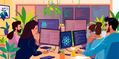 Diverse team of developers collaborating in a tech office.