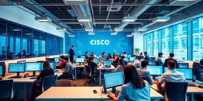 Cisco office with employees collaborating on technology.