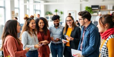 Diverse part-time workers collaborating in a bright office.