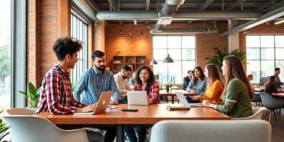 Diverse team collaborating in a bright, modern workspace.