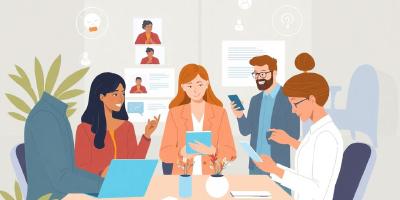 Diverse professionals using digital devices in a modern office.