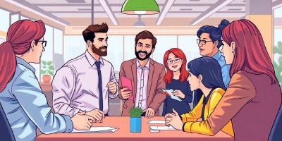 Diverse team collaborating on recruitment strategies in an office.