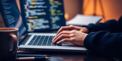 Programmer typing code on a laptop with coffee.