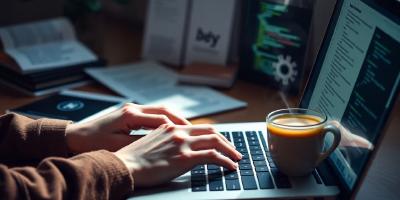 Developer typing on a laptop with coffee and notes.